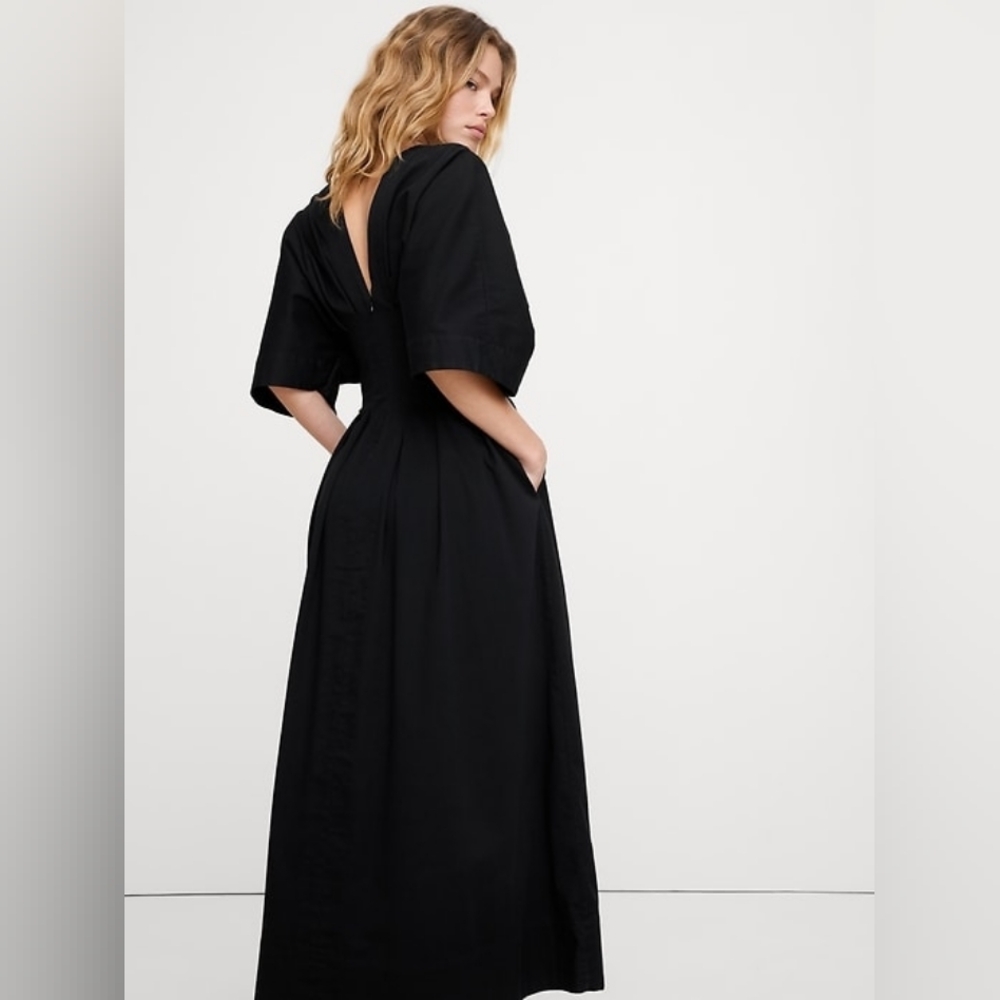 Banana Republic Stretch-Cotton Pleated Maxi Dress Black NWT - Picture 5 of 6